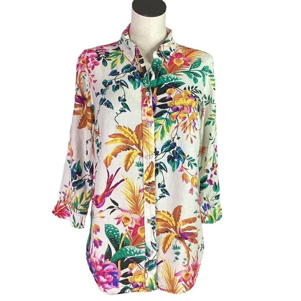 Rachel Roy Top Women M Ivory Floral Birds Linen Blend 3/4 Sleeves Button Up